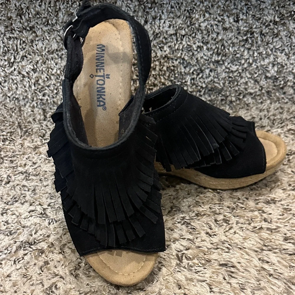 Minnetonka Black Fringe Sandals for Women
